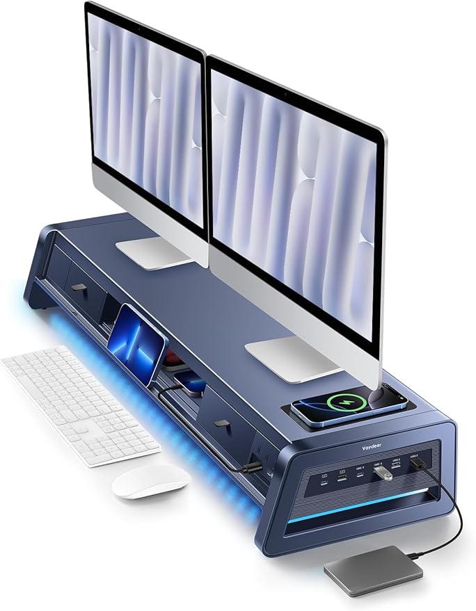 Vaydeer All-in-One Dual Monitor Stand Riser with 2 Drawers, 8USB Ports and Wireless Charging Pad with LED Light Strip for 2 Monitors , Desk Organizer for PC, iMac (Metal, 39.3 inches)