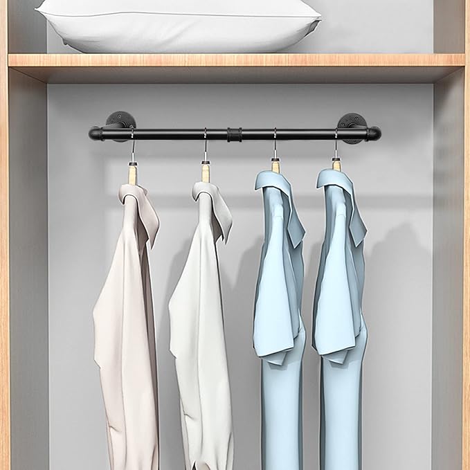 Industrial Iron Pipe Clothes Hanging Bar DIY Wall-Mounted Garment Rack Heavy Duty Clothing Rack for Bedroom, Laundry Room, Closet Storage (Black 24 inch)