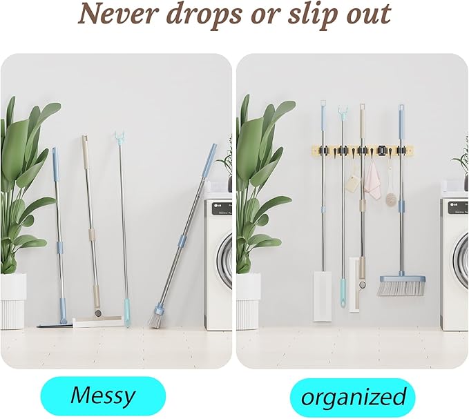 Mop and Broom Holder Wall Mount - Bamboo Broom Mop Hanger - Wall Mounted Garden Tool Rack Organizer for Closet Garage Laundry Room Kitchen Decor With 5 Slots & 4 Hooks