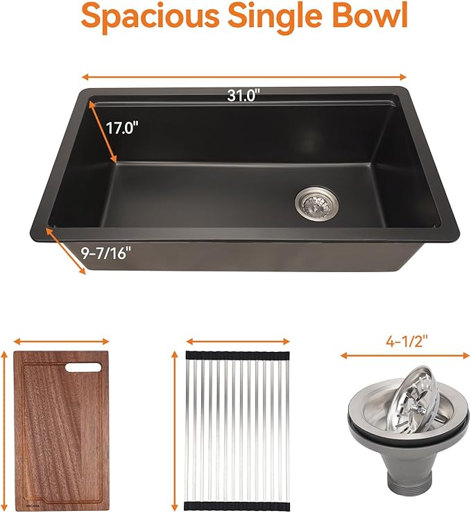 33 Inch Granite Undermount Kitchen Sink, TECASA Utility Composite Single Bowl Kitchen Sink with Workstation and Accessories, Black (33 × 18 Inch)