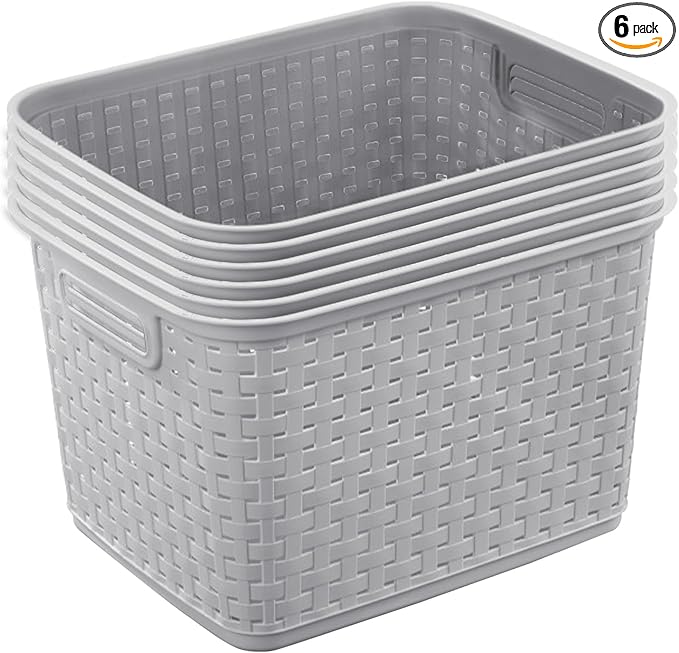 Sterilite 6-Pack Tall Weave Basket, Wicker-Style Plastic Open Storage Bin, Cement Gray - Multi-Purpose Decorative Organizer for Laundry Area, Shelves, Closets, Pantries, Living Rooms or Offices