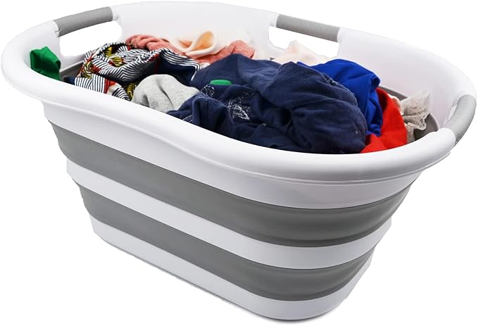 SAMMART 40L (10.5 gallons) Collapsible Plastic Laundry Washing Tub - Foldable Pop Up Laundry Basket/Hamper - Portable Washing Tub - Pop Up Saving (White/Grey)
