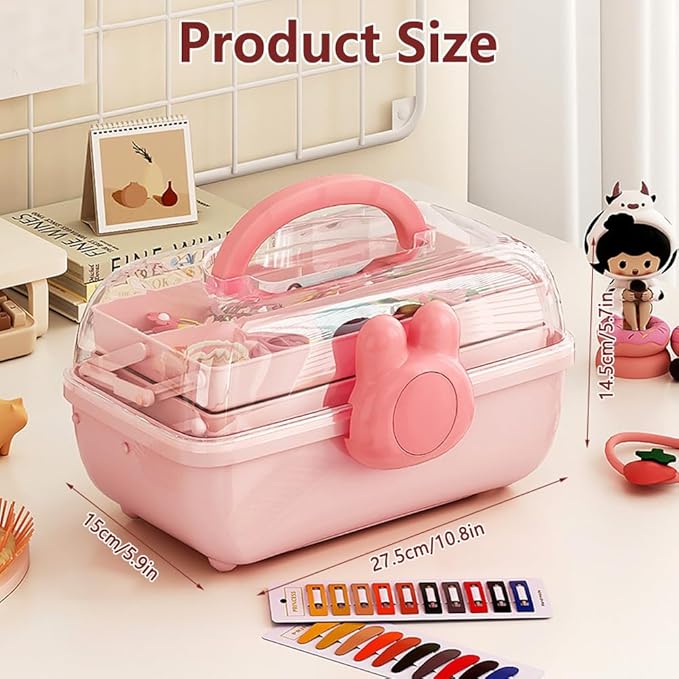 Cute Hair Accessories Organizer 3-Layers Kids Jewelry Storage Box Plastic Hair Accessories holder for Girls (Pink-Rabbit)