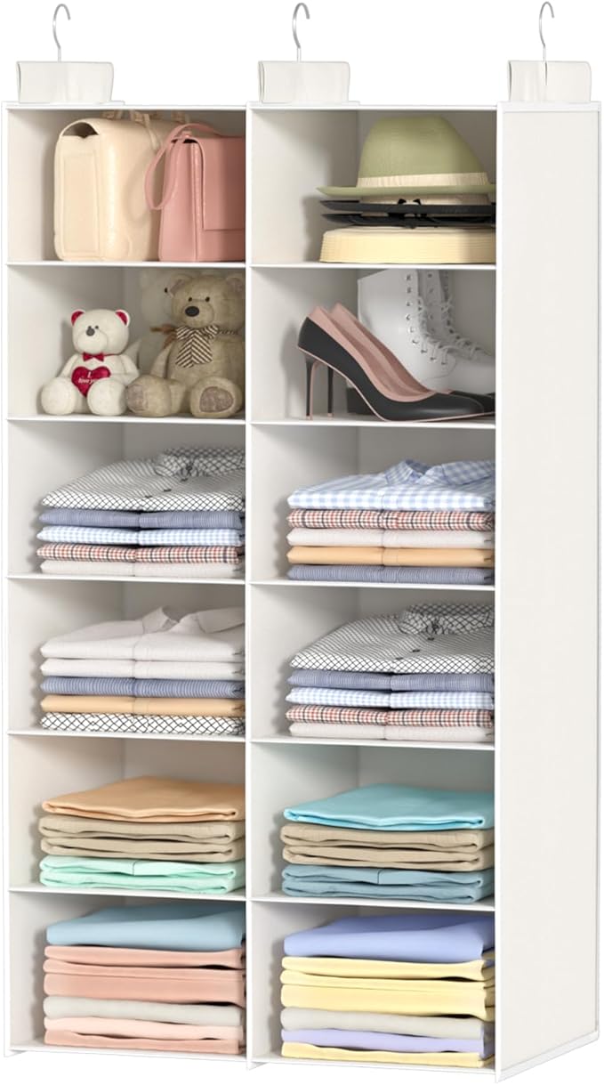 Dual-Row Hanging Closet Organizer – Foldable Clothes Storage Shelves with 3 Hooks, Space-Saving Wardrobe Organizer for Dorm Rooms, Bedroom or Closet (White, 6 Tier)