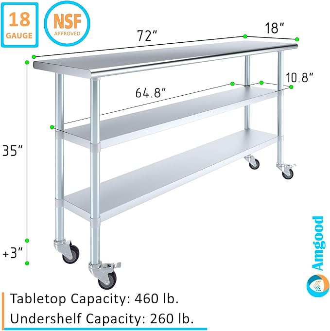 AmGood Stainless Steel Work Table with 2 Shelves and Casters | Metal Utility Table On Wheels (Stainless Steel Work Table with 2 Shelves + Casters, 72" Long x 18" Deep)
