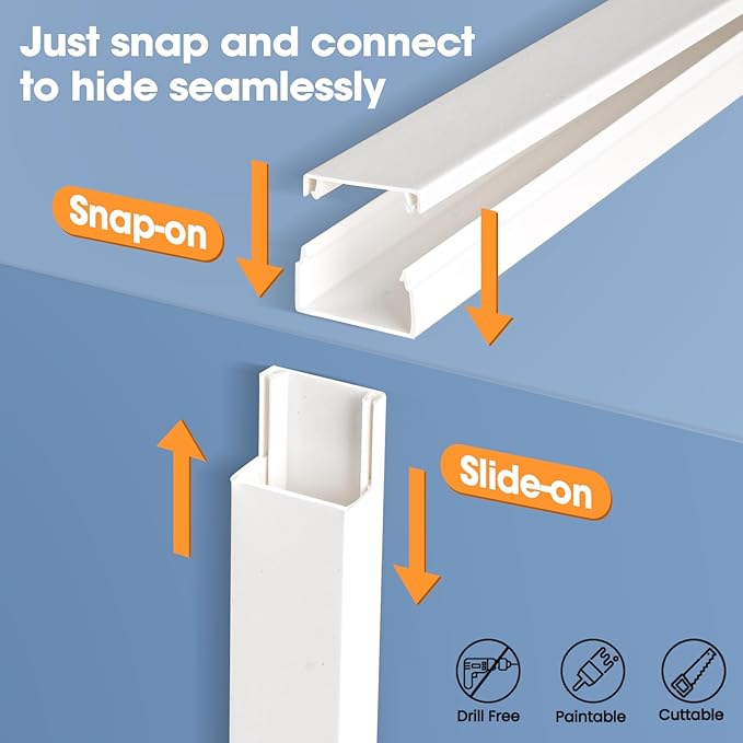 87in Cord Hider Kit, Cord Covers for Wires on Wall, Paintable Cable Raceway, Cord Hider for Wall Mount tv, tv Cable Hider Wall kit, Wire Covers for Cords, 6X L14.5in X W0.96in X H0.57in