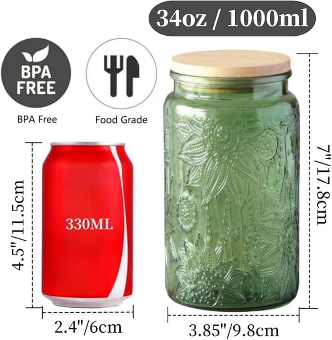 ANSQU Green Glass Canister, 34oz Candy Jar with Lid, Vintage Colored Mason Jars for Kitchen Decorative Jar for Coffee Tea Candy Cookies, Cute Jars (Green, 1 Pack)