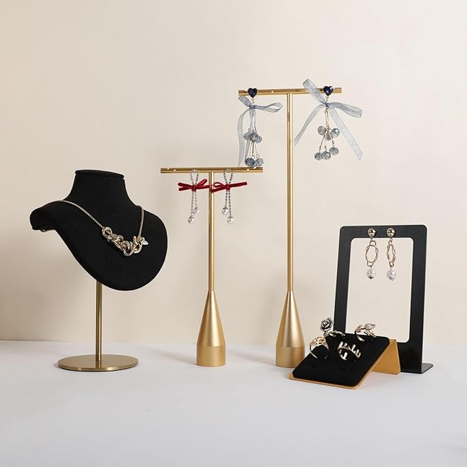 GemeShou 2pcs Gold earring display T bar stand, Big jewelry earring holders for Boutique Store, Jewelry holders high enough for long earring necklace【Gold-2pcs Height 7.9"and 11"-long horizontal bar】