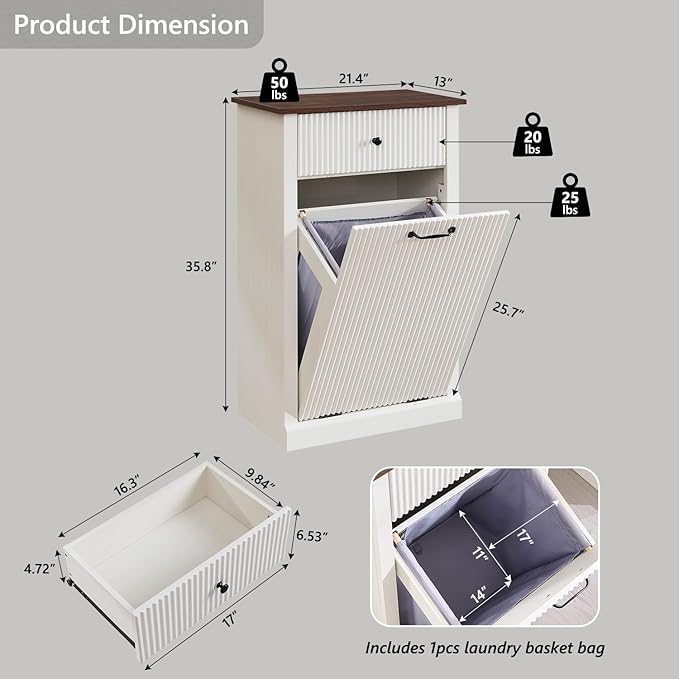 Modern Tilt-Out Laundry Hamper Cabinet, 10 Gallon Fluted Trash Can Cabinet with Drawer, Wooden Hidden Garbage Can Cabinets with Laundry Basket, Free Standing for Bathroom and Kitchen, White
