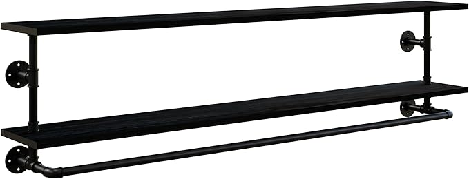 Black Clothes Rack 60in, 2-Tier Wall Mounted Garment Rack with Real Wood Shelf, Heavy Duty Hanging Clothes Rack, Multi-Purpose Hanging Rod, Space-Saving Closet Storage
