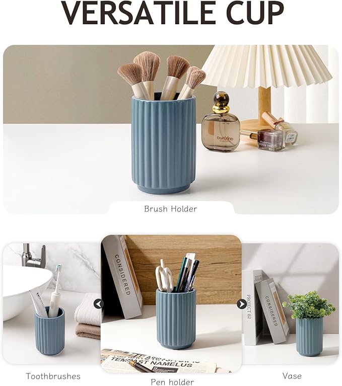 Toothbrush Holder, Tooth Brush Holder for Bathroom - Ceramic Toothbrush Cup Toothbrush Holders Countertop, Stripe Design Makeup Brush Holder Pen Holder, ANTIS'S HOME (Blue)