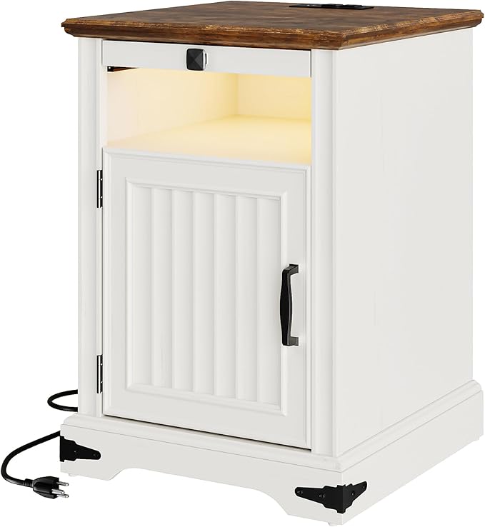 IRONCK Farmhouse Nightstand with Charging Station and LED Light, Wood Side Table with Storage Cabinet & Open Shelf，Bedside Table with Pull-Out Shelf for Bedroom, White