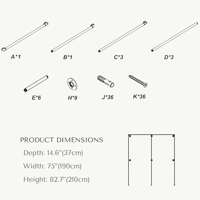 Industrial Pipe Clothing Rack, Heavy Duty Wall Mounted Clothes Rack, Retail Display Hanging Garment Rod for Laundry Rooms, Closet Storage, 14.6x75x82.7 Inches, Model K06