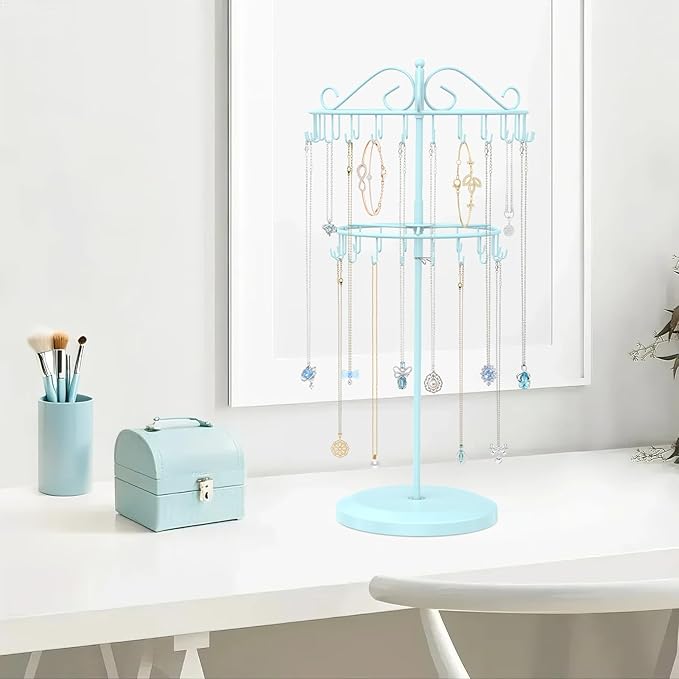 iDavosic.ly 2 Tier Rotating Necklace Holder Organizer with 42 Hooks, Adjustable Metal Bracelet Display Stand Rack, Extra Tall Keychain Spinning Tree Tower for Women, Blue