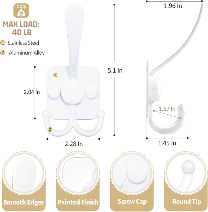 VIS'V 3 Prong Coat Hooks Wall Mount, Metal Self Adhesive Entryway Wall Hooks, 2 Mount Options, White, 4 Pcs