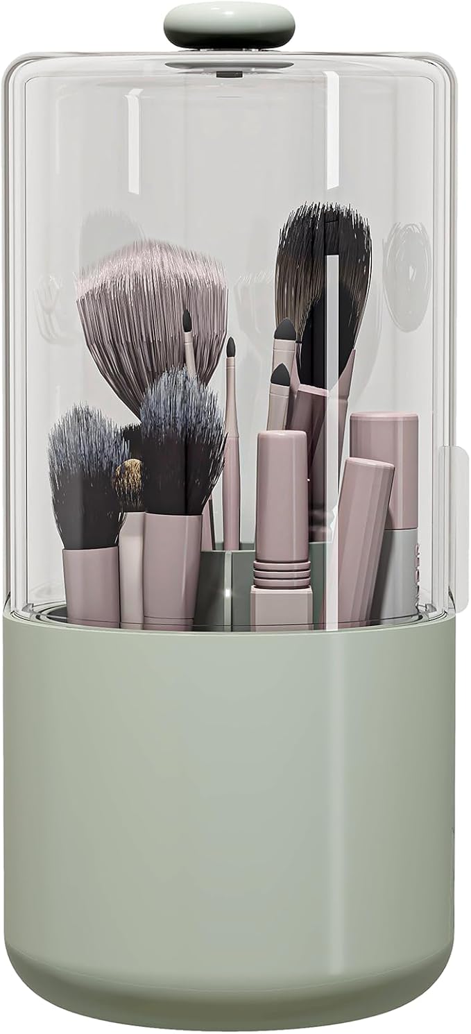 Makeup Brush Holder with Dustproof Cover, Clear 360 Rotating Make Up Brushes Organizer for Counter Vanity Bathroom, Sage Green