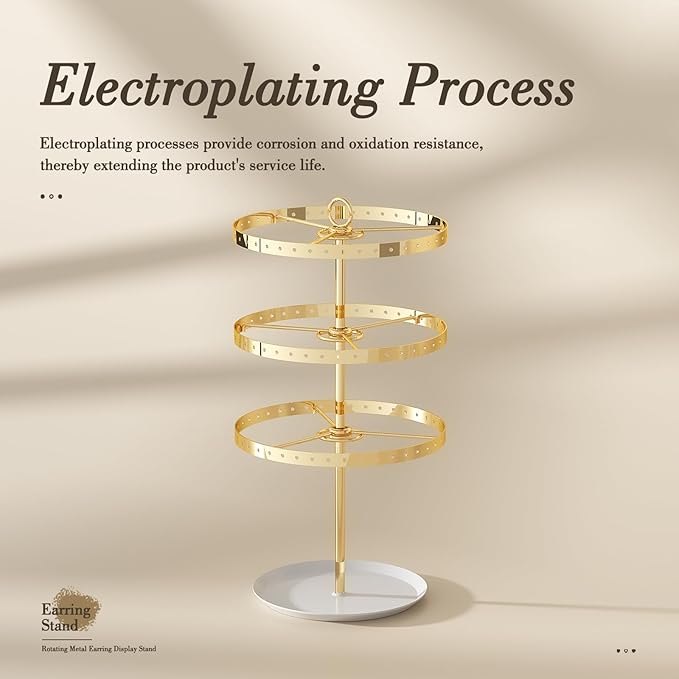 3 Tiers Earring Holder Organizer, Metal Rotating Earring Stand Adjustable Display Tree, 126 Holes Carousel Rack for Stud Hoop Pierced Dangling Women, Perfect View for All Earrings (Gold)
