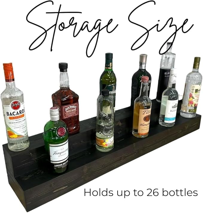 2 Tiered Countertop Liquor Bottle Display Shelf — Holds 26 Bottles Bar Organizers for Wine & Whiskey — Free Standing Bottle Stand for Home, Bar Decor — Wooden Kitchen Counter Shelf, Black