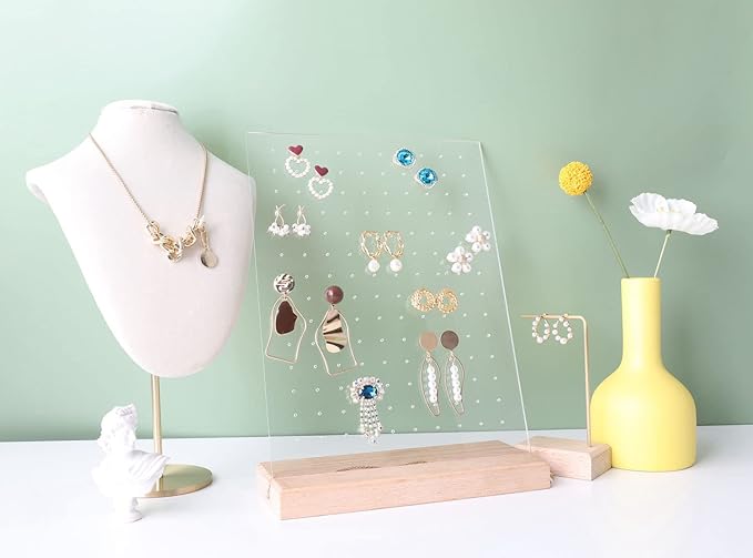 GemeShou Beech earring display for selling jewelry, wooden earring holder for studs display, small jewelry studs display board for show【Wood stand with acrylic board-Beech】