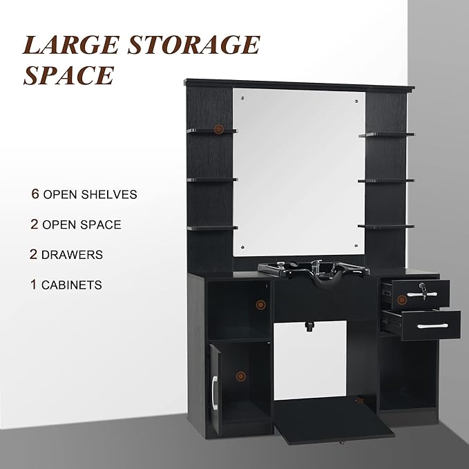 BarberPub Wall Mount Storage Station with Mirror Shampoo Bowl High-end Styling Beauty Salon Furniture Set 3145 (Black)