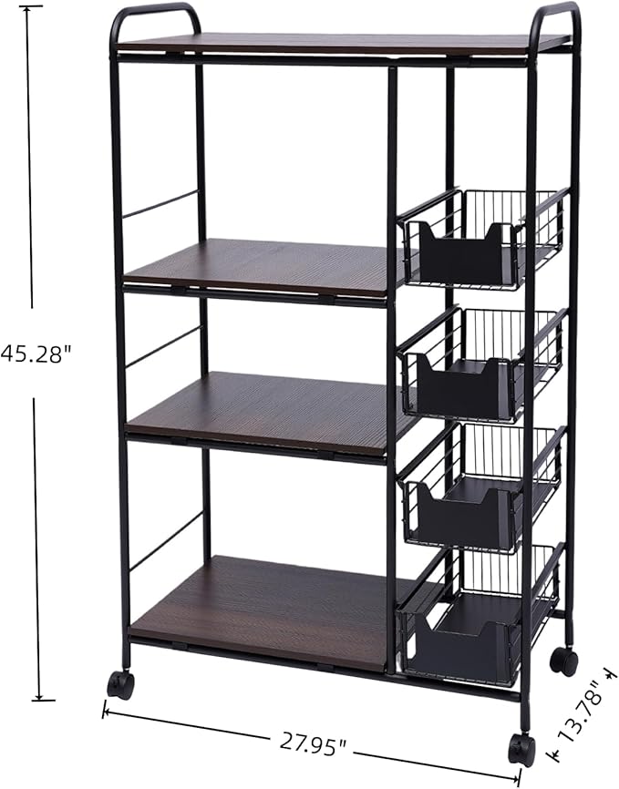 5-Tier Kitchen Carts on Wheels with Storage, Rolling Storage Cart with Handles, Lockable Wheels, 4 Drawers, Utility Carts on Wheels Microwave Stand for Kitchen, Living Room