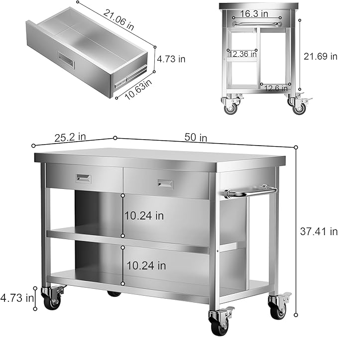 Stainless Steel Kitchen Island with Storage, Rolling Kitchen Island Cart on Wheels with 2 Drawers, Industrial Kitchen Cart, Commercial Portable Island for Kitchen, Bar, Outdoor Patio, 25 x 50 x 37 in