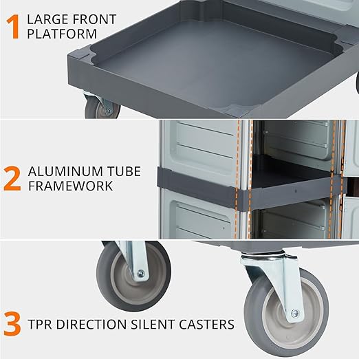 Janitorial Cart with 2 Cabinet, Commercial Traditional Janitorial 3-Shelf Cleaning Cart On Wheels with Cover and Vinyl Bag, Hotel Housekeeping Room Service Utility Cart, Grey