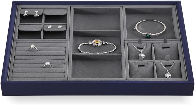 Dark Blue Jewelry Display Tray Ring Necklace Earring Bangle Organizer Multifunctional Storage Case for Jewelry Showcase (Small 4 Grids Pendant Tray)