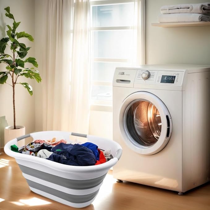 SAMMART 40L (10.5 gallons) Collapsible Plastic Laundry Washing Tub - Foldable Pop Up Laundry Basket/Hamper - Portable Washing Tub - Pop Up Saving (White/Grey)