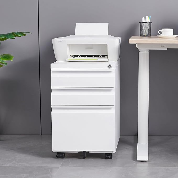 3-Drawer Lockable Mobile File Cabinet – Metal A4/Letter/Legal Size Storage for Home/Office, Pre-Assembled, Space-Saving Under-Desk Cabinet with Wheels (White)