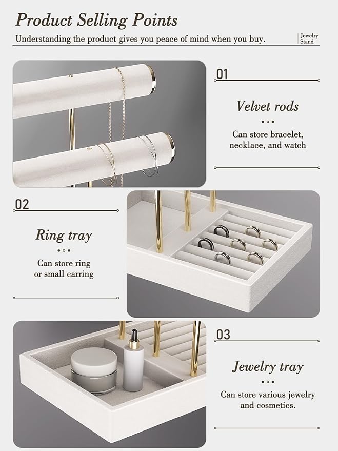 3 Tier Bracelet Holder Display,Jewelry Holder Organizer with Velvet Crossbar and Metal Frame,Necklace Earring Bracelet Display Holder for Women (Beige)