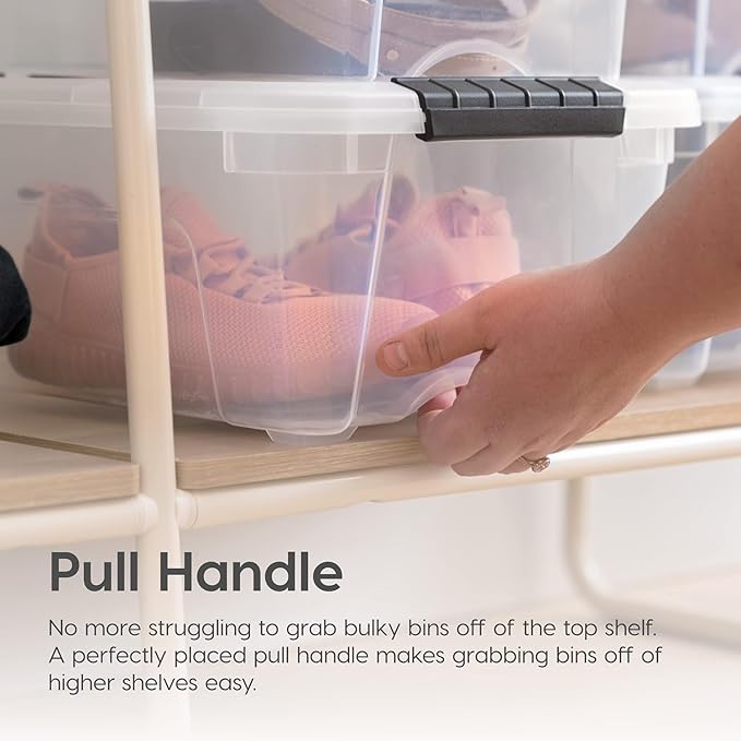 IRIS USA 32 Qt Stackable Plastic Storage Bins with Lids, 4 Pack - BPA-Free, Made in USA - See-Through Organizing Solution, Latches, Durable Nestable Containers, Secure Pull Handle - Clear