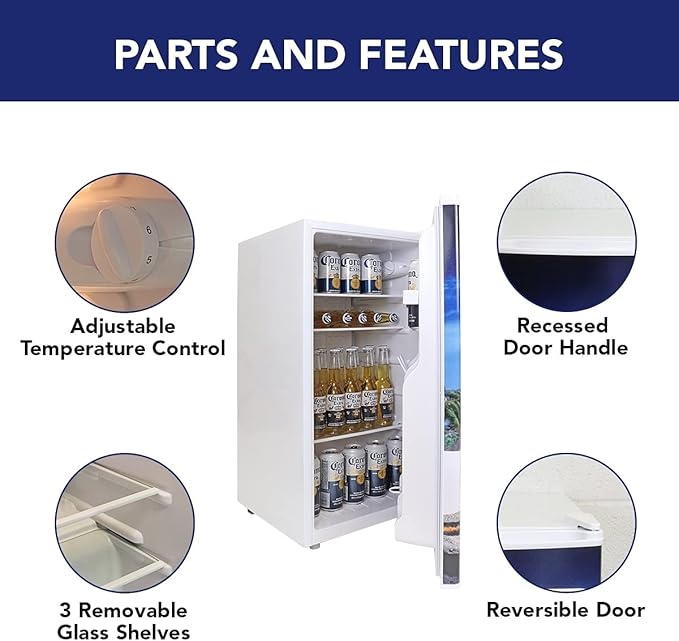 Corona Compact Fridge with Bottle Opener, 90 L/ 95 Quart 3.2 Cubic Foot for Snacks, Beverages, Juice, Beer, Den, Dorm, Office, Games Room, or RV