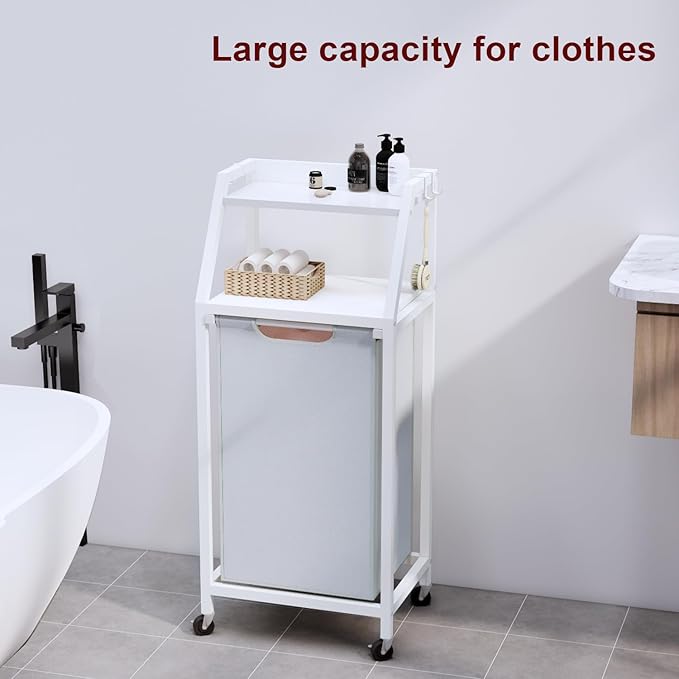 Laundry Hamper, Laundry Sorter, Rolling Laundry Basket with Wheels, 2 Shelves, 18 Gal(68L), Pull-Out and Removable Oxford Fabric Bags, White and Grey