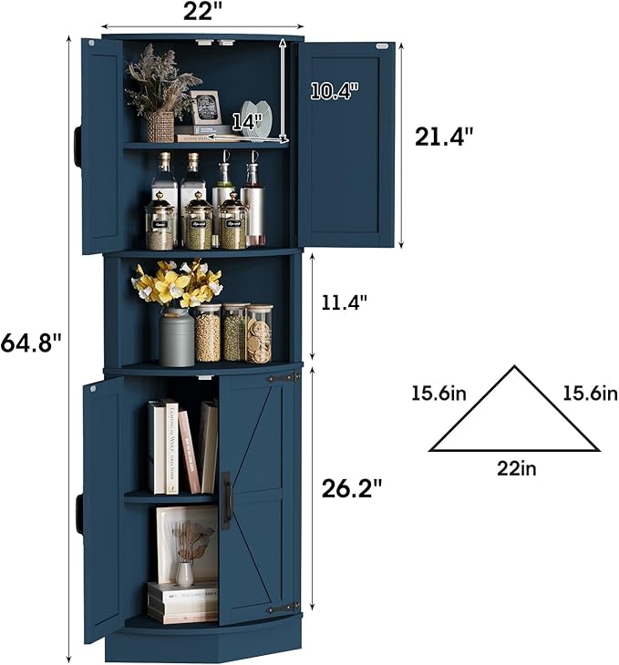 Vabches 64.8" Tall Farmhouse Corner Cabinet with 4 Doors and 5 Storage Shelves, Farmhouse Storage Cabinet with Barn Door Design, Home Space Saver for Living Room, Kitchen, Laundry Room,Blue