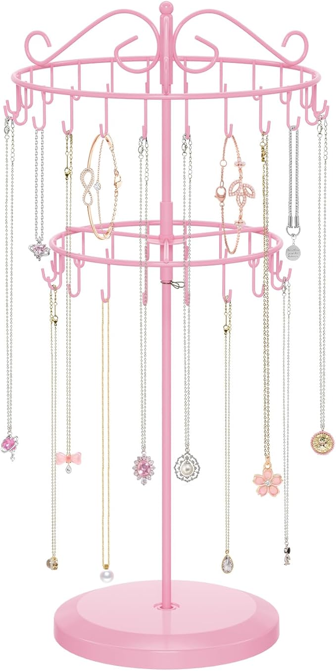 iDavosic.ly 2 Tier Rotating Necklace Holder Organizer with 42 Hooks, Adjustable Metal Bracelet Display Stand Rack, Extra Tall Keychain Spinning Tree Tower for Women, Pink