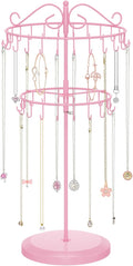 iDavosic.ly 2 Tier Rotating Necklace Holder Organizer with 42 Hooks, Adjustable Metal Bracelet Display Stand Rack, Extra Tall Keychain Spinning Tree Tower for Women, Pink