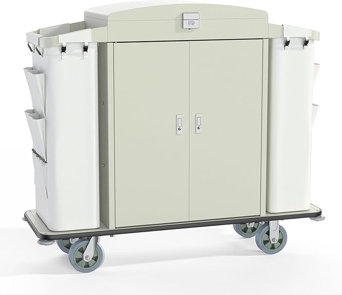 Heavy Duty Metal Housekeeping Janitorial Cart,Silent Casters,Locking Large Capacity Cabinets,Cleaning cart for Housekeeping/Commercial Facility/Hotel/Stadium/School(White)