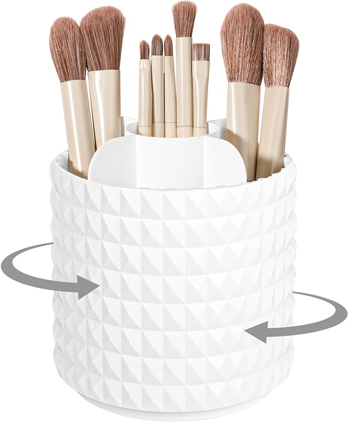 Anyoifax Makeup Brush Holder Organizer 360°Rotating Make Up Brushes Container for Vanity, Spinning Cosmetics Storage Cup, Masonite White