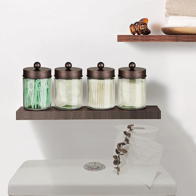 Amolliar Sage Green Apothecary Glass Jar With Metal Lid & Stickers, Bathroom Qtip Holder Storage Canister, Farmhouse Decor for Cotton Balls, Cotton Swabs, Makeup Pads, Bath Salt, Floss, Bronze 4 Pack