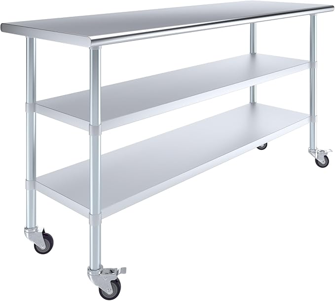 AmGood Stainless Steel Work Table with 2 Shelves and Casters | Metal Utility Table On Wheels (Stainless Steel Work Table with 2 Shelves + Casters, 72" Long x 24" Deep)