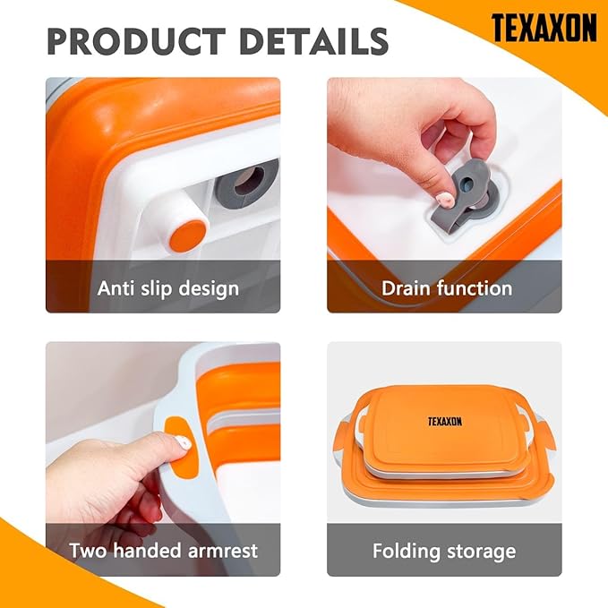 8L/16L BBQ Prep Tub with Cutting Board, Lid & Complimentary Mitts/Gloves – Collapsible Bucket for BBQ, Marinade, Picnic, Camping, Meat Prep – Orange/Black (Orange, X-Large)