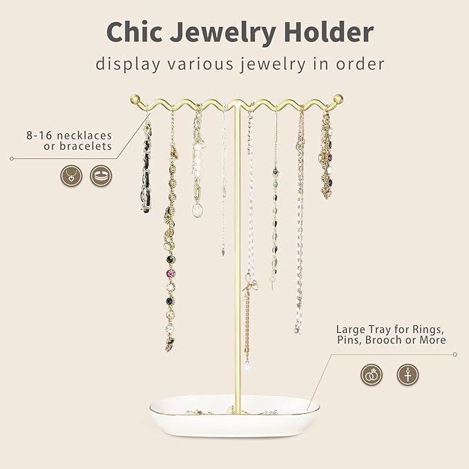 Elegant Jewelry Holder Stand: Metal Tree & Ceramic Tray Organizer for Necklaces, Rings, Earrings - Durable, Rustproof Display Holder Easy to Access Deluxe White