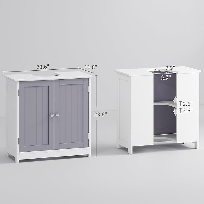 kleankin 23.5" Pedestal Sink Storage Cabinet, Freestanding Bathroom Under Sink Cabinet with U-Shape Cut-Out and Adjustable Shelf, White and Gray