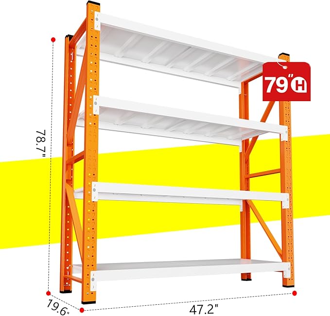 79" H Garage Shelving,3500LBS Heavy Duty Storage Rack,4 Tiers Metal Storage Rack Shelf, Adjustable Shelving Unit for Garage,Kitchen,Warehouse,Basement,78.7" H x 47.2" W x 19.6" D,Orange&White