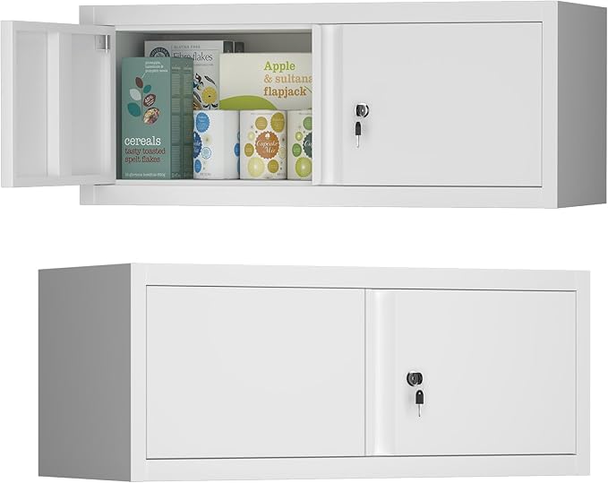 Floating Storage Organization for RV, Hanging Cabinets with Key, 13” H 2 Door Locking Wall Storage Cabinet for Kitchen, Pantry, School, Wall Storage with Lockable Doors, Assembly Required