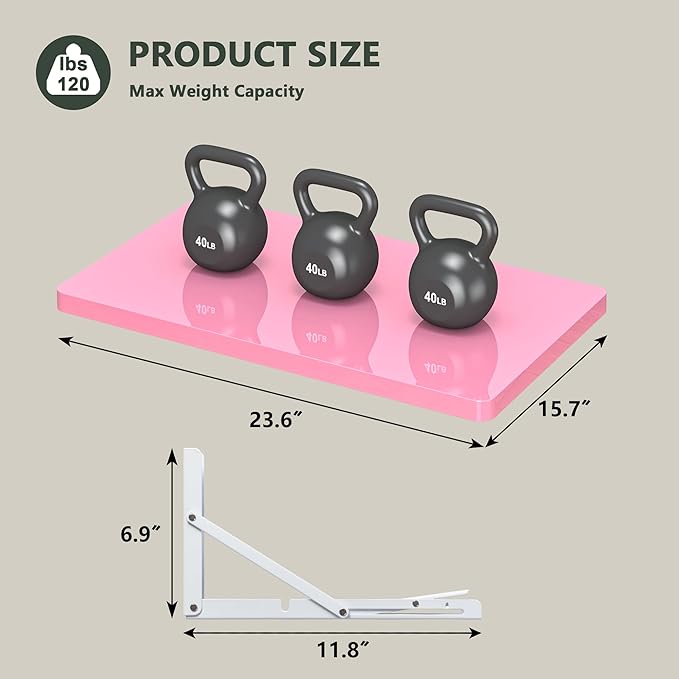 Clikuutory Pink Wall Mounted High Gloss Folding Table, Wall Desk Fold Down for Small Spaces, Folding Workbench for Laundry Room, Home Office, Kitchen, Bedroom, Home Bar (23.6"×15.7")