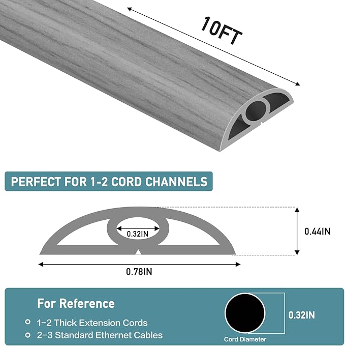 Floor Cord Cover Self Adhesive Cord Hider Floor Extension Cord Covers for Floor Power Cord Protector Cable Management Prevent Cable Trips Cable Cavity 0.32" W x 0.32" H (Light Grey Wood, 10Ft)