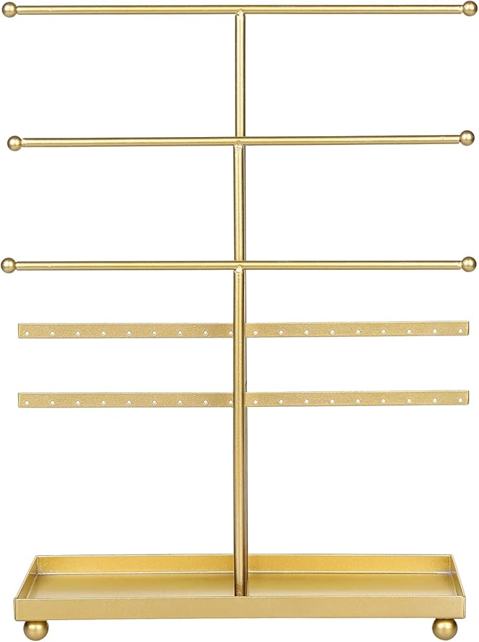 MyGift 5-Tier Gold Metal Jewelry Organizer Stand with Earring Hooks & Ring Tray - T-Bar for Tangle-Free Necklace Bracelet Display - Home Store Boutique (16.25" H)