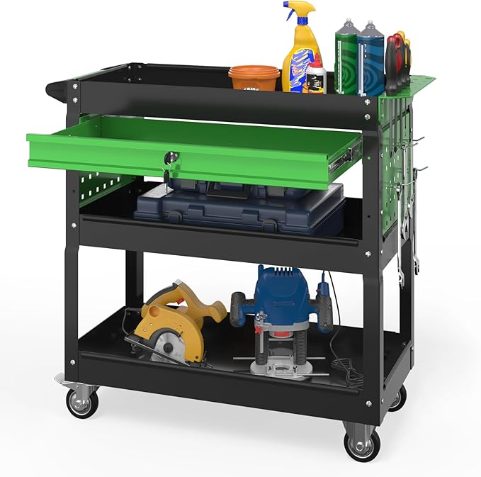 3 Tier Rolling Tool Cart on Wheels with Locking Drawer - Metal Service Cart Industrial Utility Cart for Mechanic - 350 LBS Mobile Storage Organizer for Garage (Black-Green)